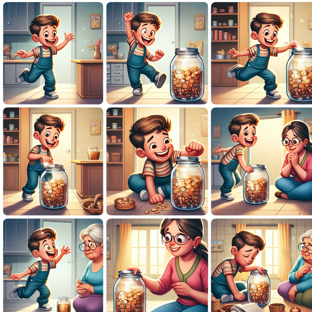 Colorful cartoon storyboard showing 8 key scenes from The Greedy Boy