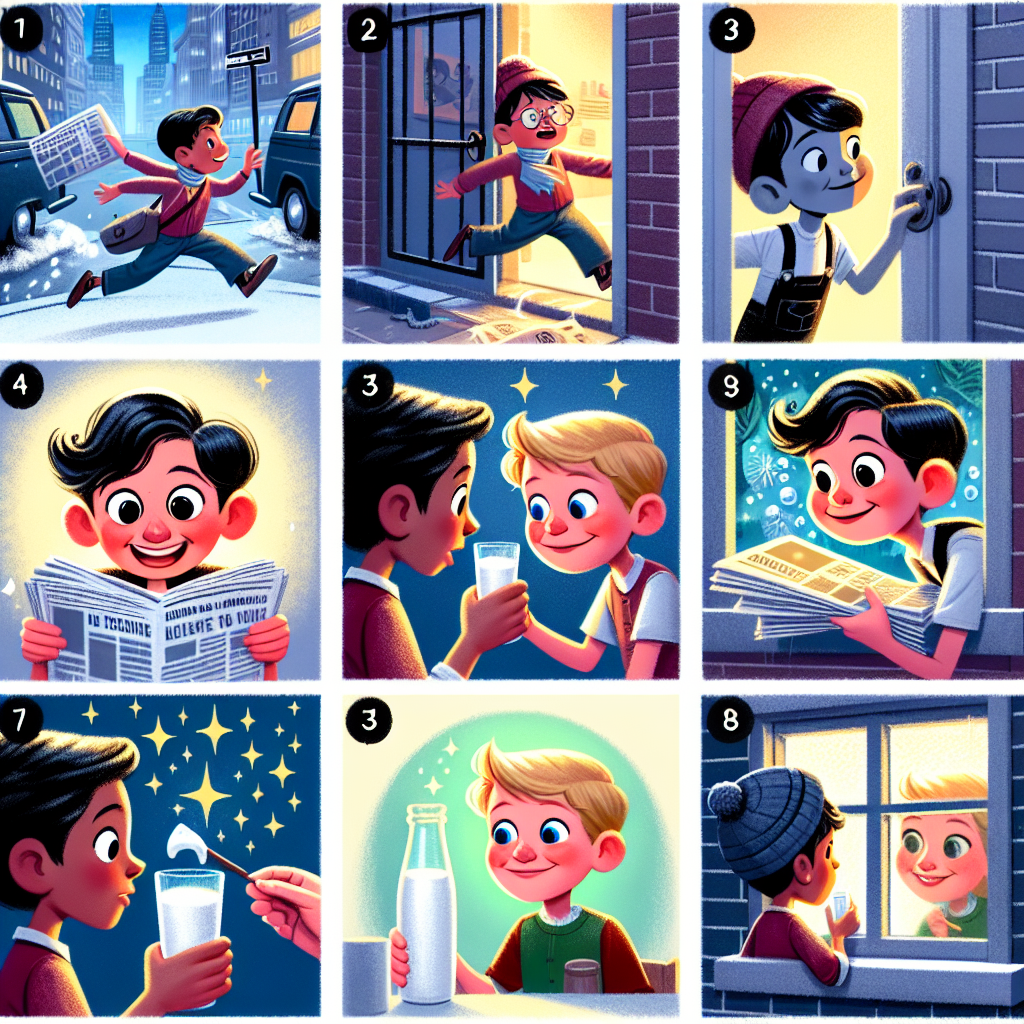Colorful cartoon storyboard showing 8 key scenes from One Glass of Milk