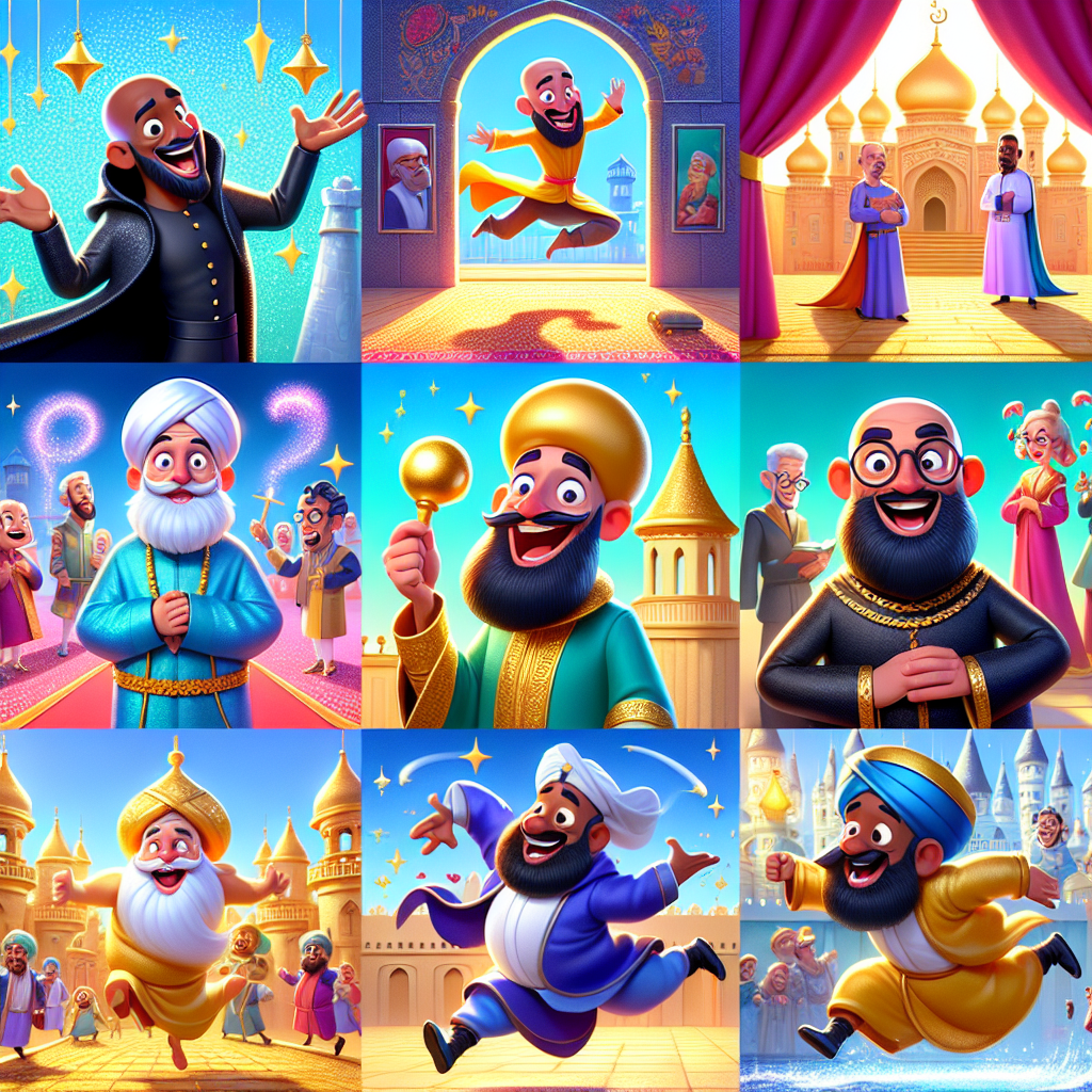 Colorful cartoon storyboard showing 8 key scenes from The Clever Priests
