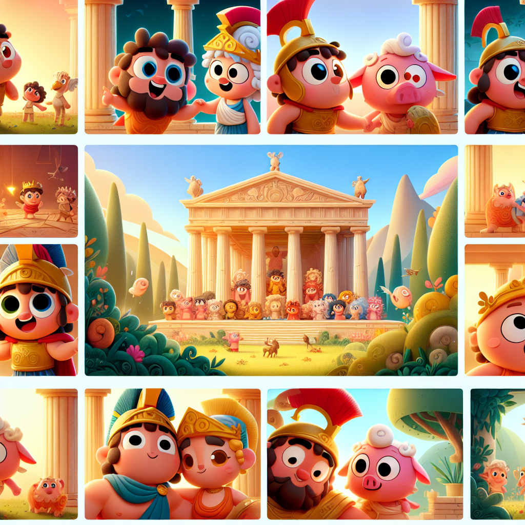 Colorful cartoon storyboard showing 8 key scenes from Orpheus and Eurydice