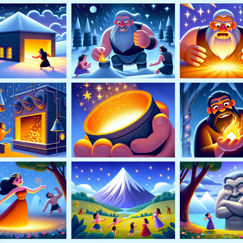 Colorful cartoon storyboard showing 8 key scenes from Pandora's Box