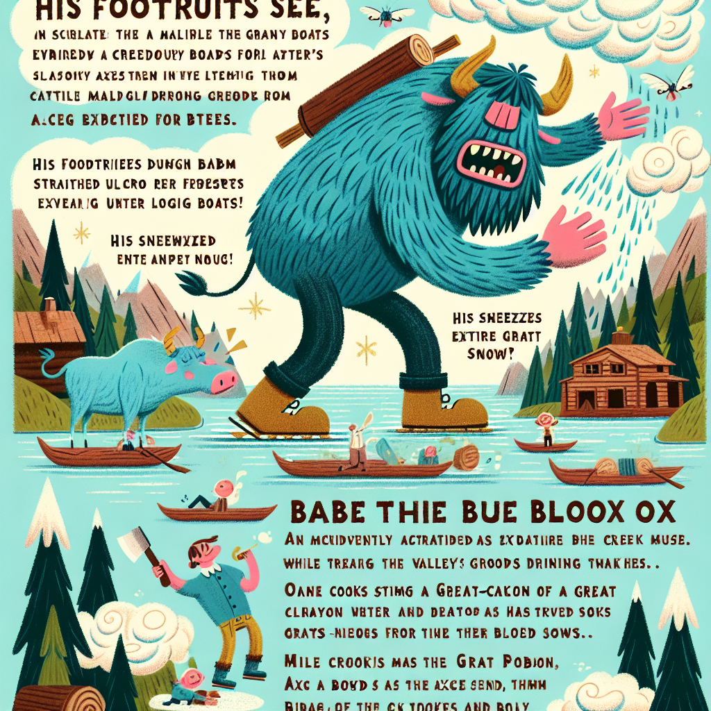 Colorful children's illustration for the story: Paul Bunyan and Babe the Blue Ox
