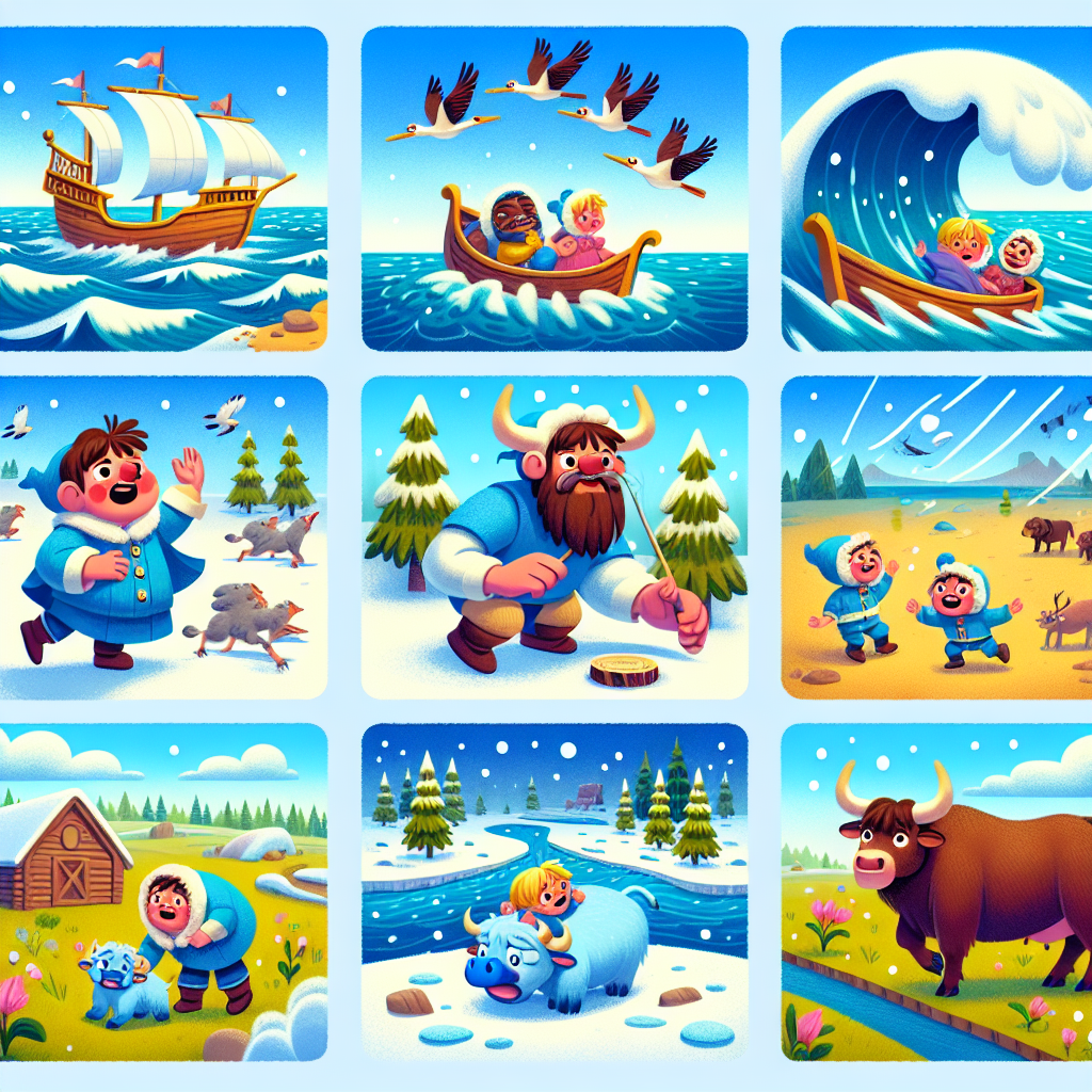 Colorful cartoon storyboard showing 8 key scenes from Paul Bunyan and Babe the Blue Ox