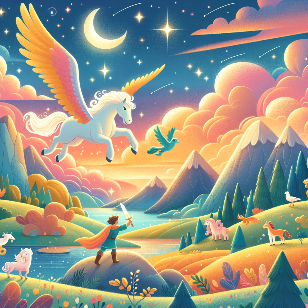 Colorful children's illustration for the story: Bellerophon and Pegasus