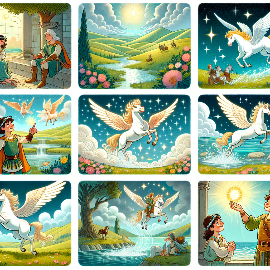Colorful cartoon storyboard showing 8 key scenes from Bellerophon and Pegasus