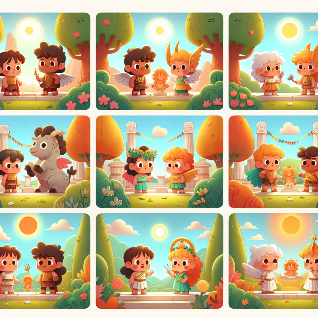 Colorful cartoon storyboard showing 8 key scenes from Perseus and Medusa