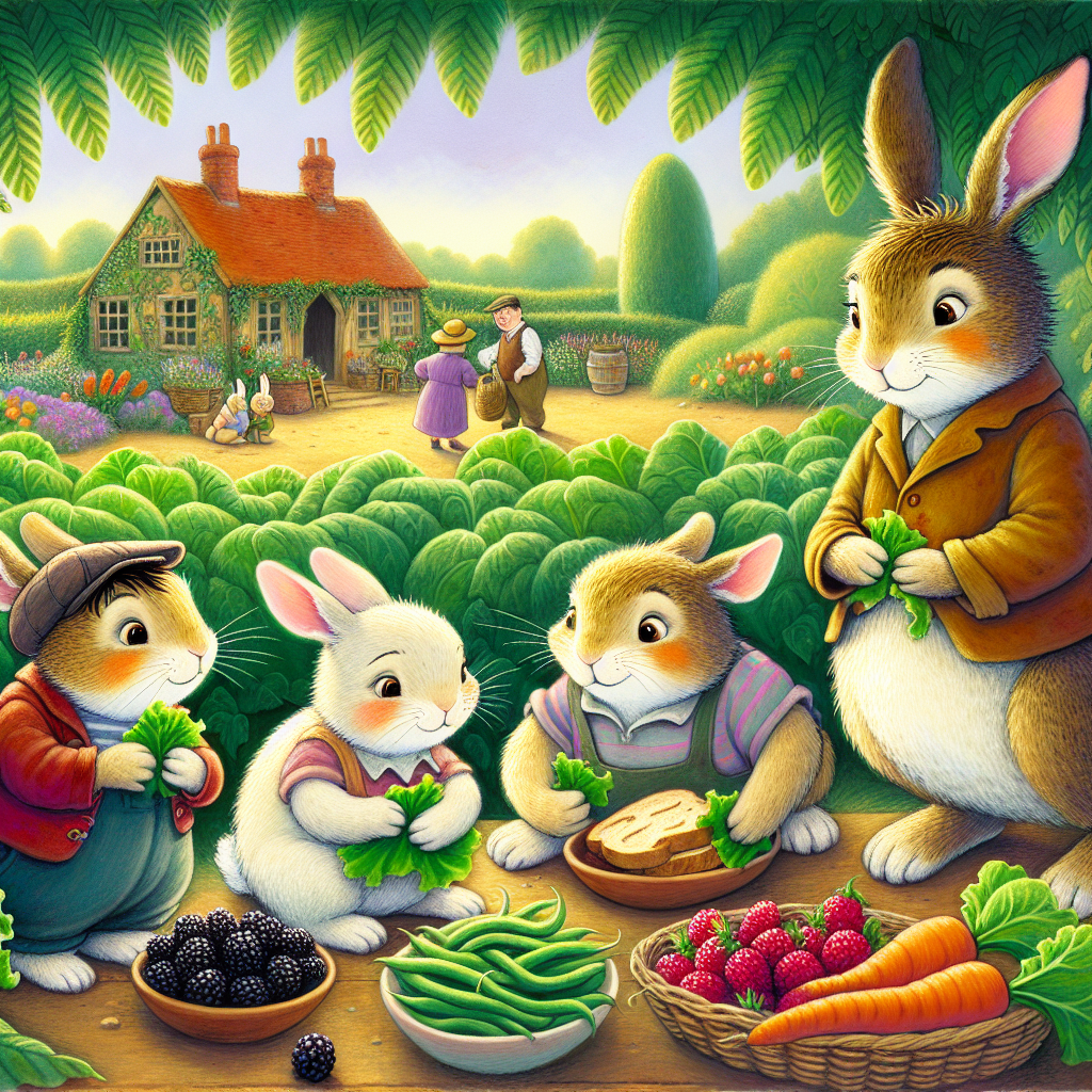 Colorful children's illustration for the story: The Tale of Peter Rabbit