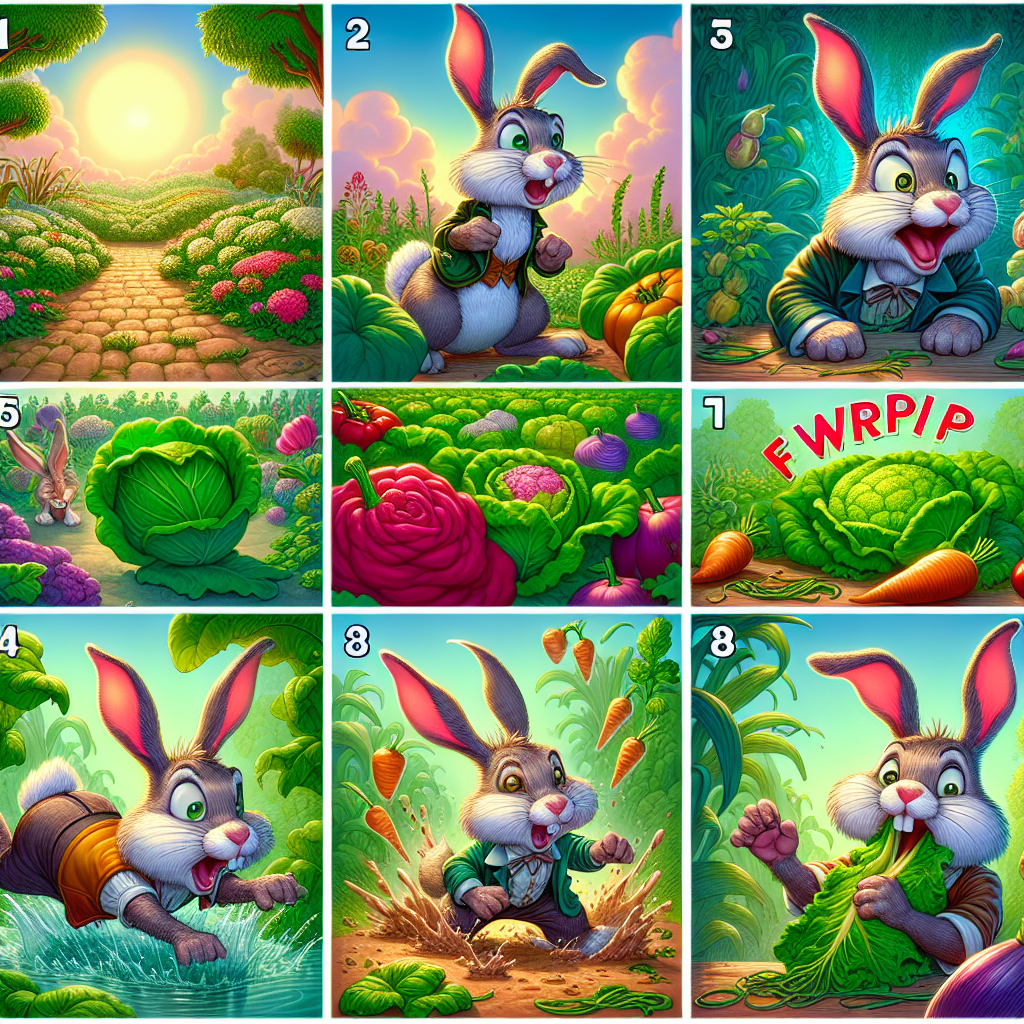 Colorful cartoon storyboard showing 8 key scenes from The Tale of Peter Rabbit