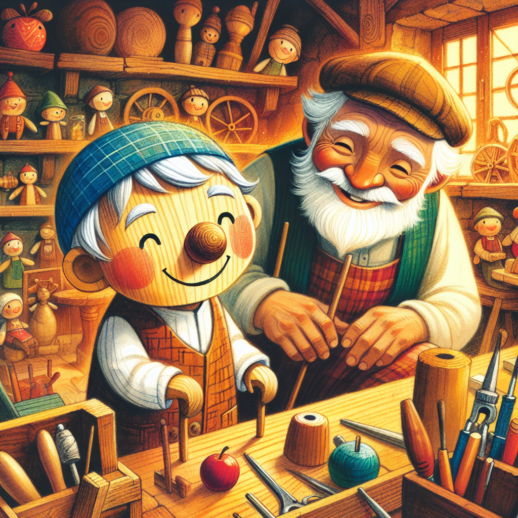 Colorful children's illustration for the story: The Adventures of Pinocchio