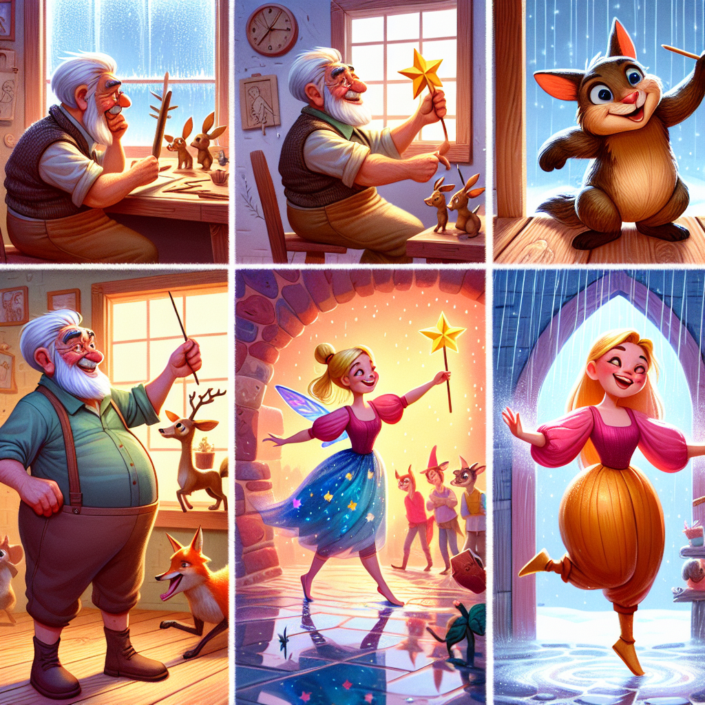 Colorful cartoon storyboard showing 8 key scenes from The Adventures of Pinocchio