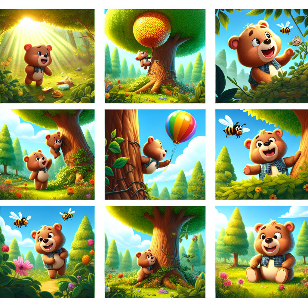 Colorful cartoon storyboard showing 8 key scenes from Winnie-the-Pooh and the Honey Disaster