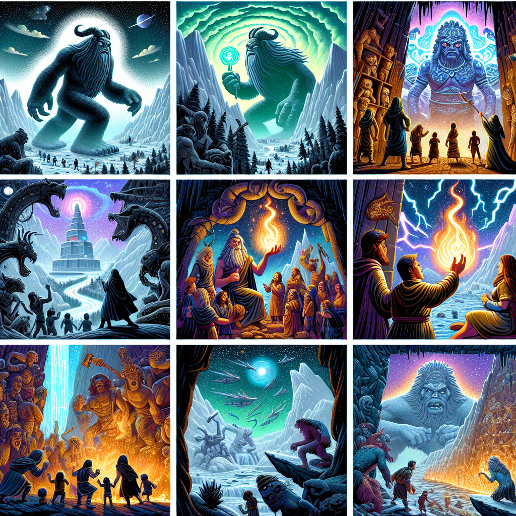Colorful cartoon storyboard showing 8 key scenes from Prometheus and the Gift of Fire
