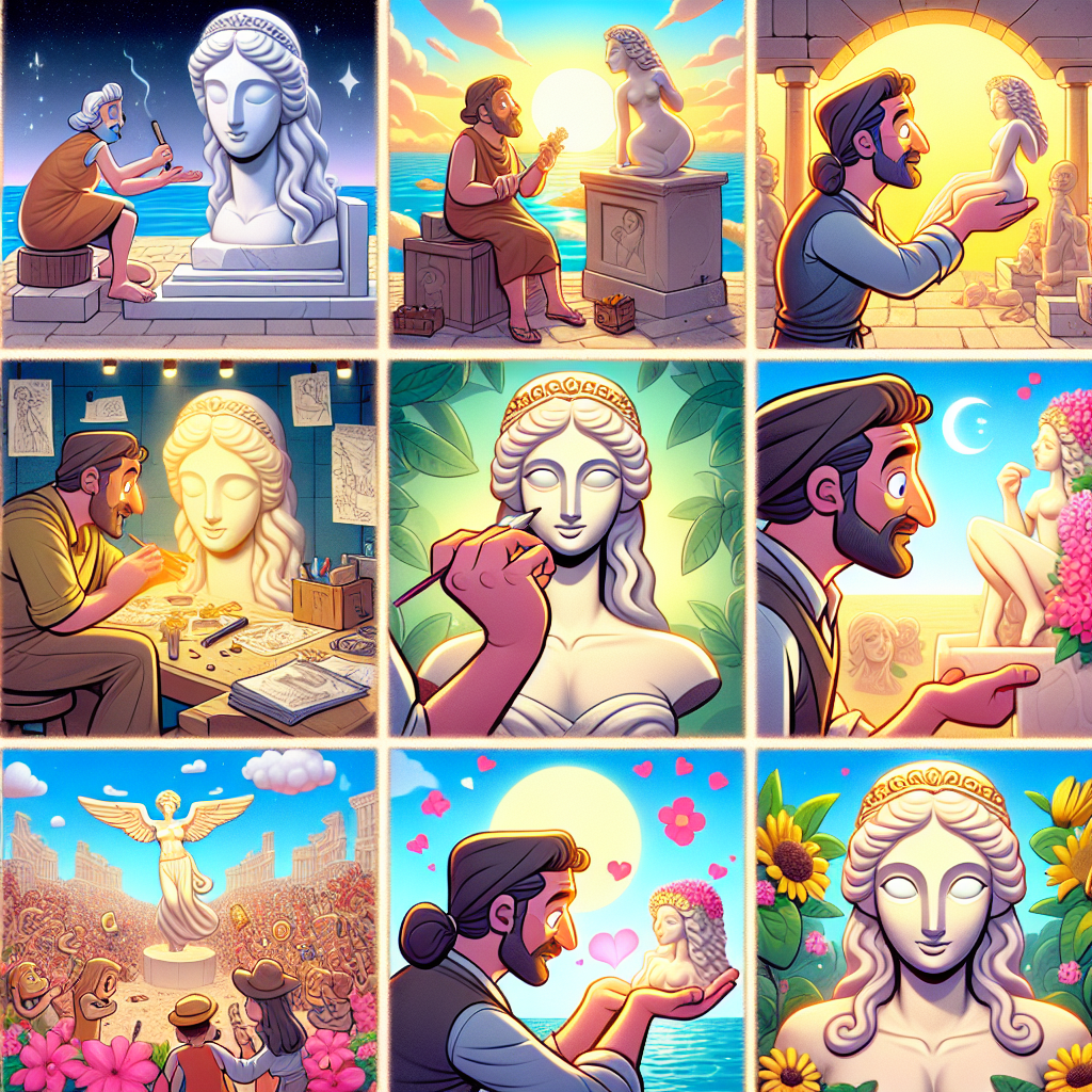 Colorful cartoon storyboard showing 8 key scenes from Pygmalion