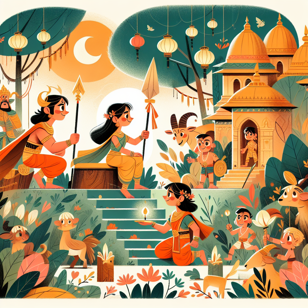 Colorful children's illustration for the story: Ramayana