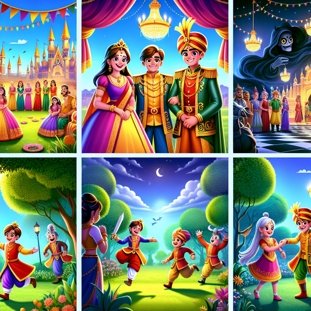 Colorful cartoon storyboard showing 8 key scenes from Ramayana
