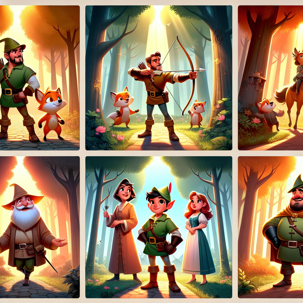 Colorful cartoon storyboard showing 8 key scenes from Robin Hood