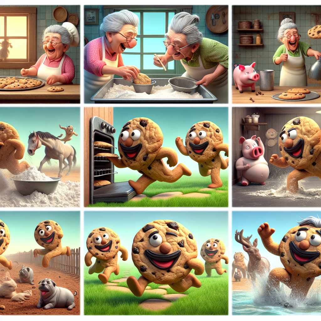 Colorful cartoon storyboard showing 8 key scenes from The Gingerbread Man
