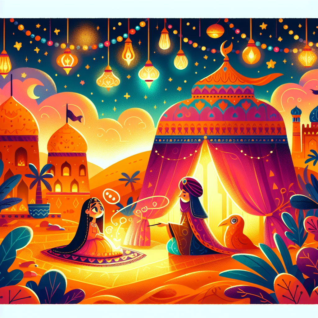 Colorful children's illustration for the story: The Story of Scheherazade