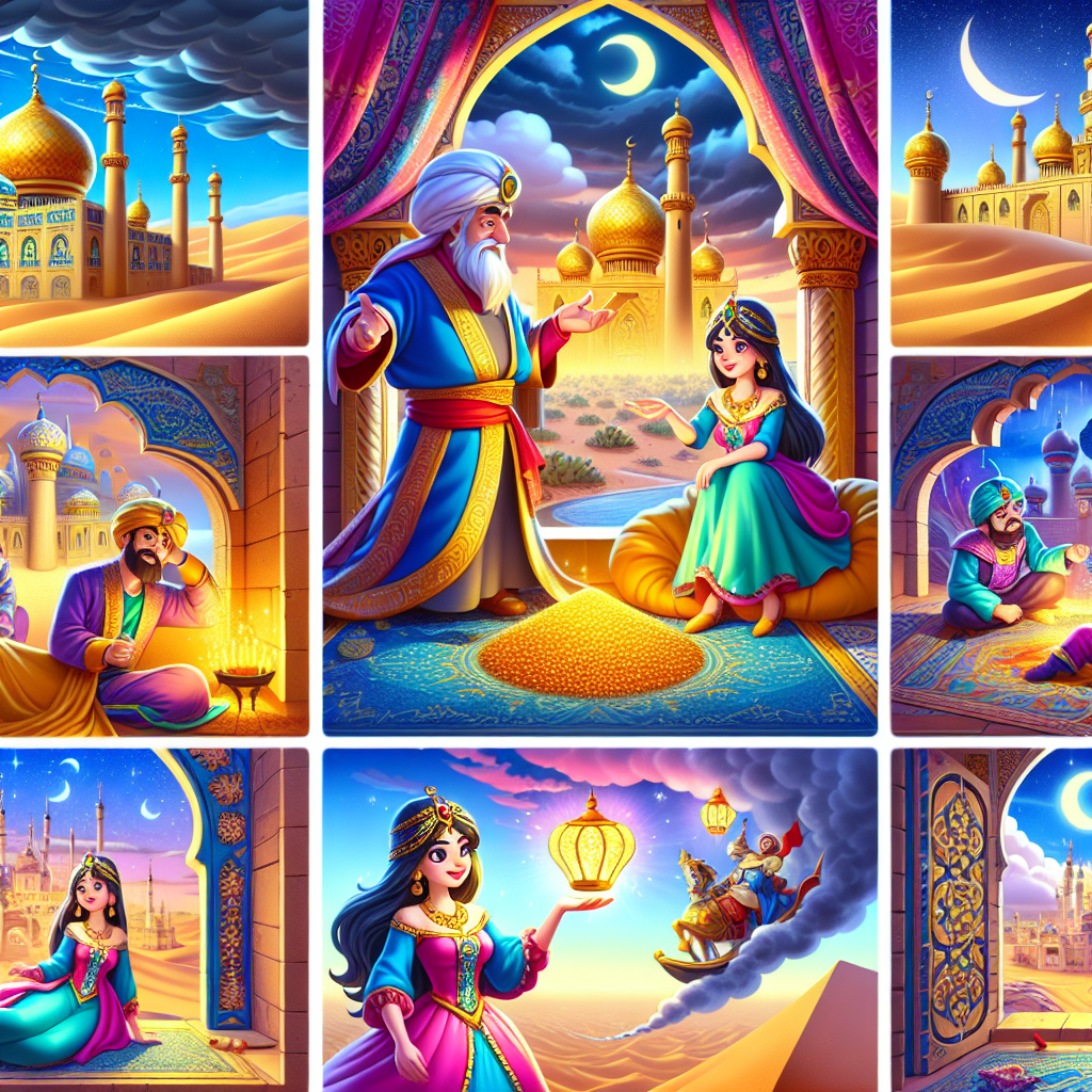 Colorful cartoon storyboard showing 8 key scenes from The Story of Scheherazade