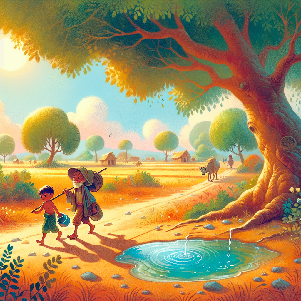 Colorful children's illustration for the story: The Plane Tree and the Travelers