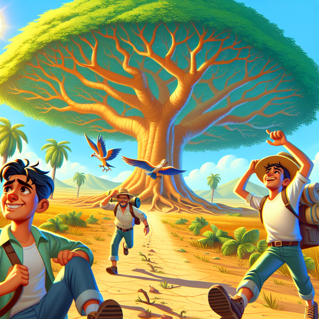 Colorful cartoon storyboard showing 8 key scenes from The Plane Tree and the Travelers