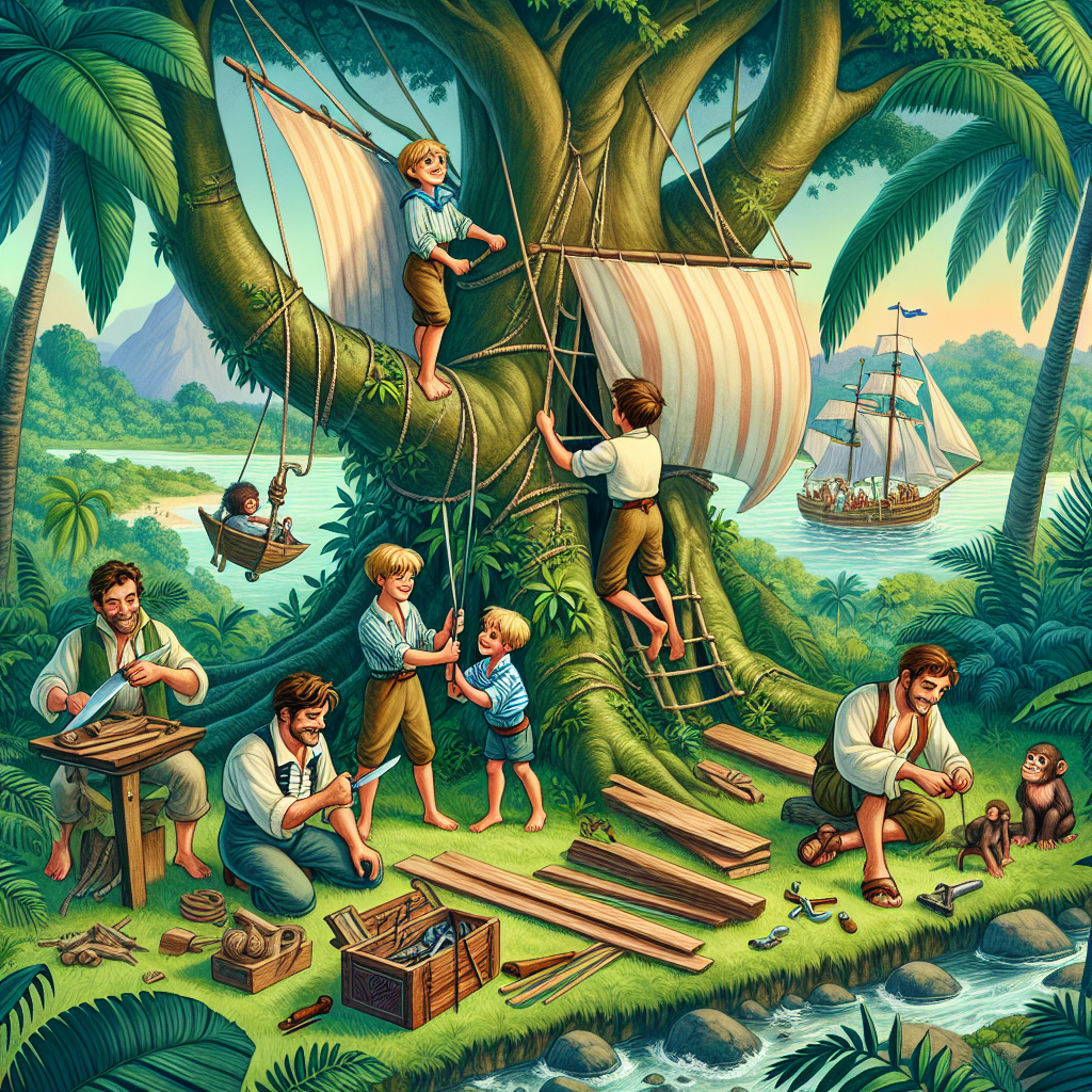 Colorful children's illustration for the story: The Swiss Family Robinson