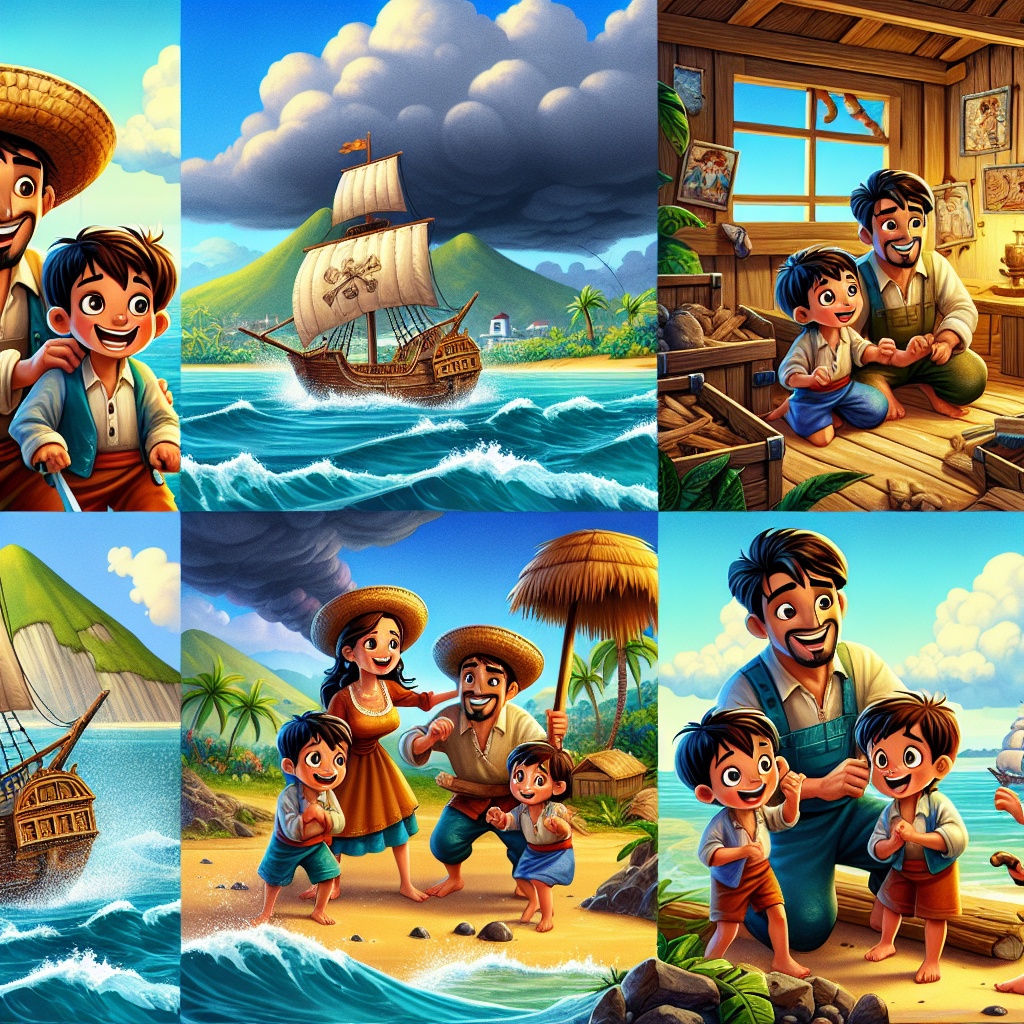 Colorful cartoon storyboard showing 8 key scenes from The Swiss Family Robinson