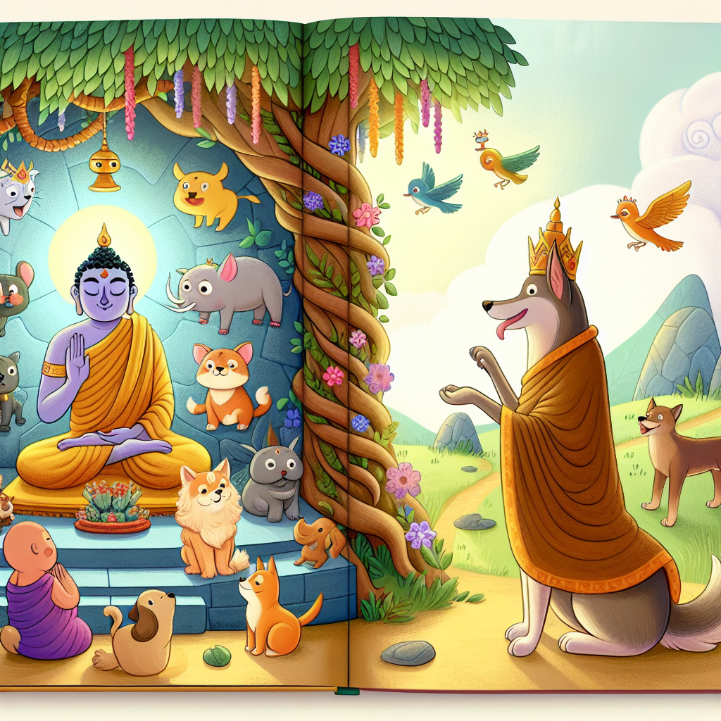 Colorful children's illustration for the story: The Dog and the Wolf