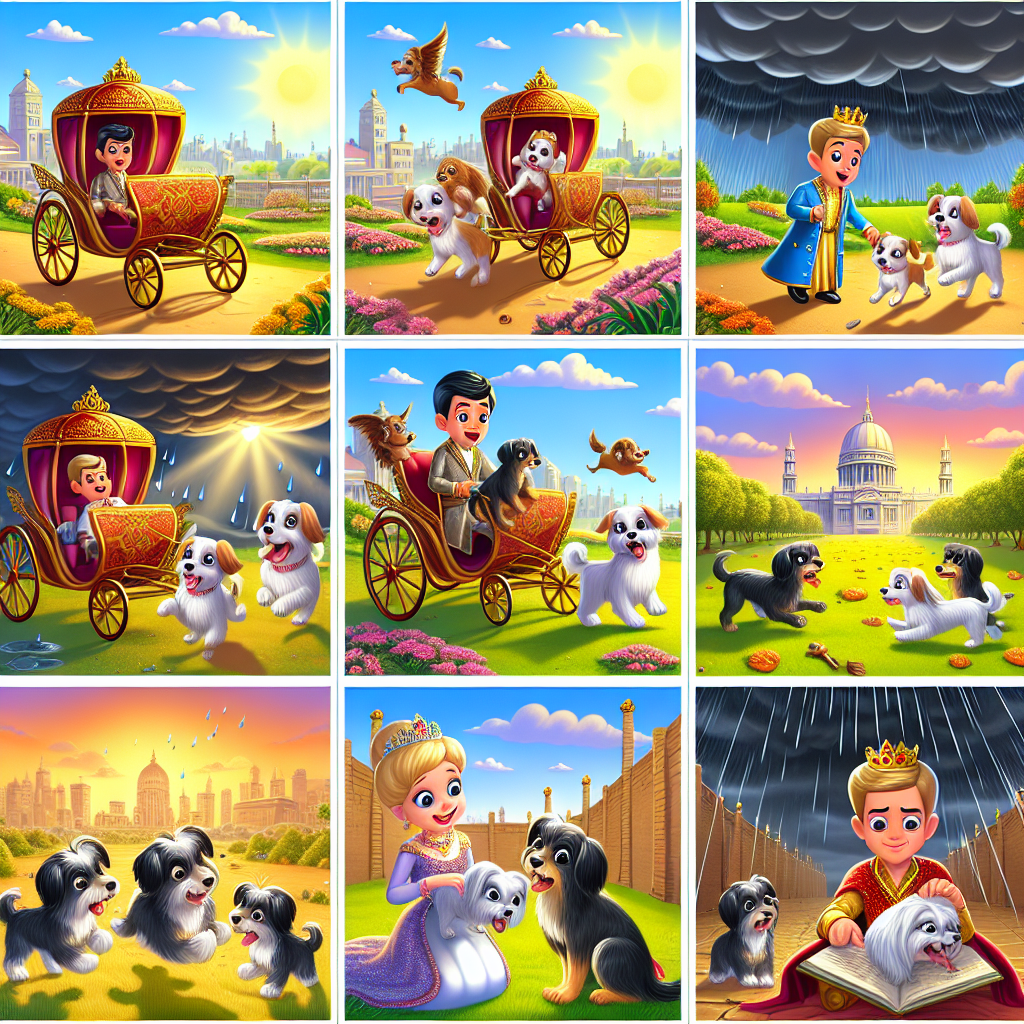 Colorful cartoon storyboard showing 8 key scenes from The Dog and the Wolf