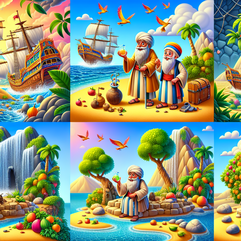Colorful cartoon storyboard showing 8 key scenes from Sinbad and the Old Man of the Sea
