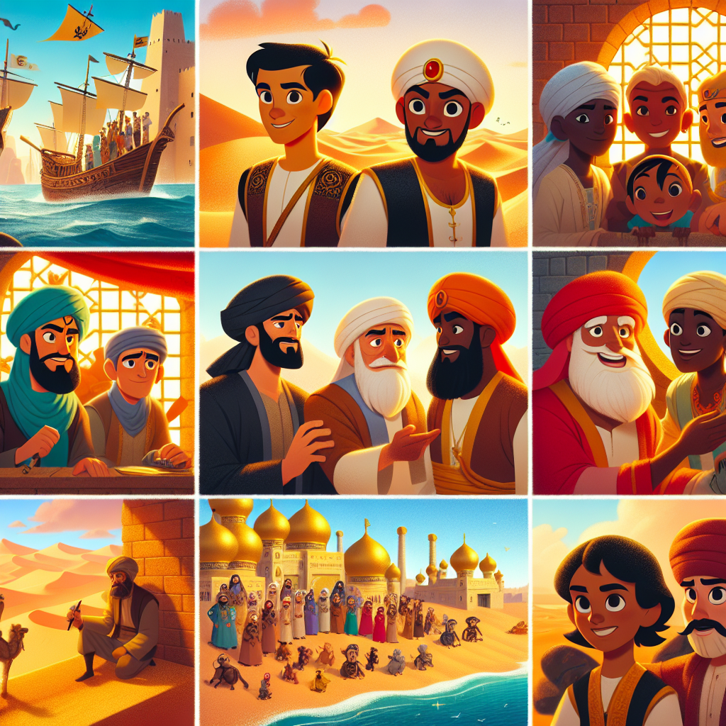 Colorful cartoon storyboard showing 8 key scenes from The Adventures of Sinbad the Sailor