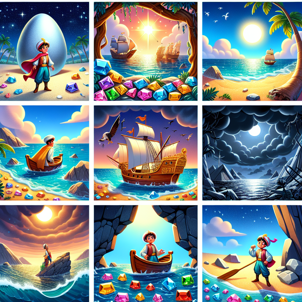 Colorful cartoon storyboard showing 8 key scenes from Sindbad the Sailor