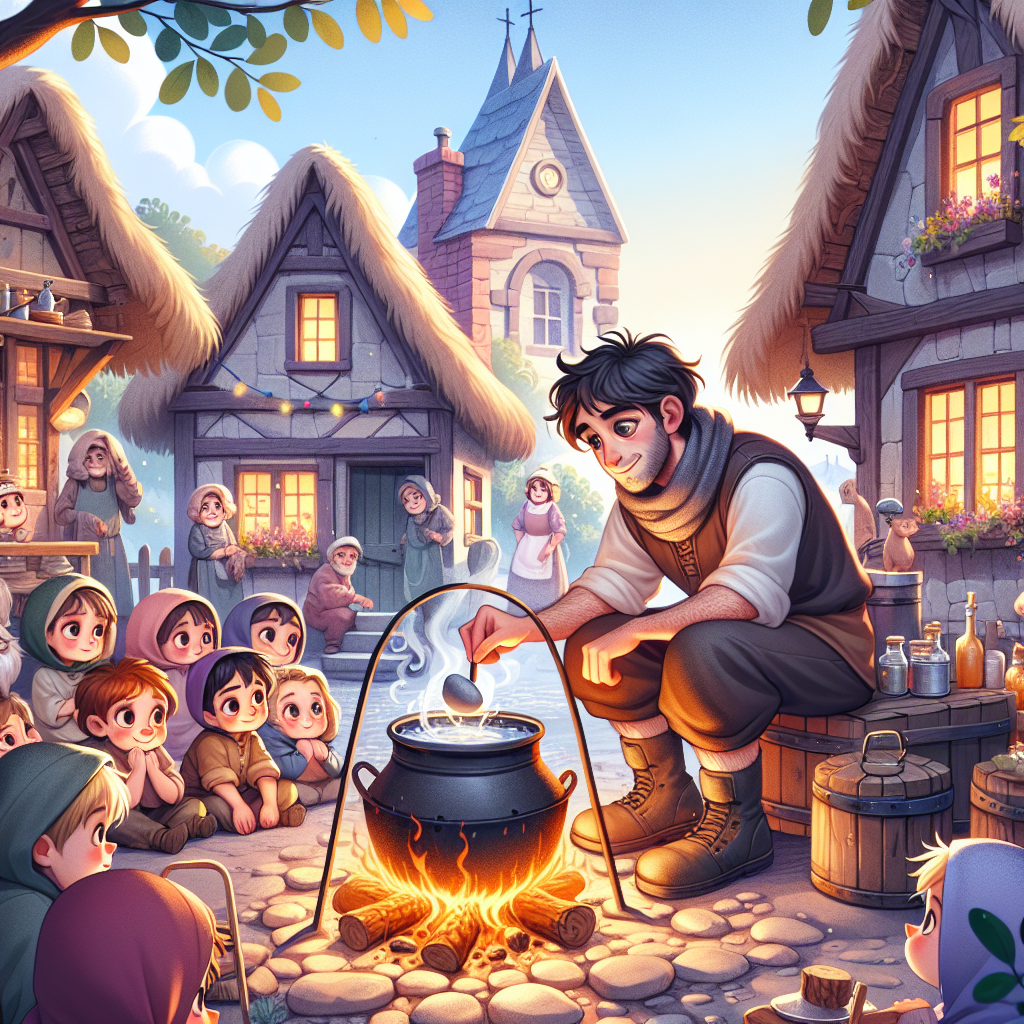 Colorful children's illustration for the story: Stone Soup