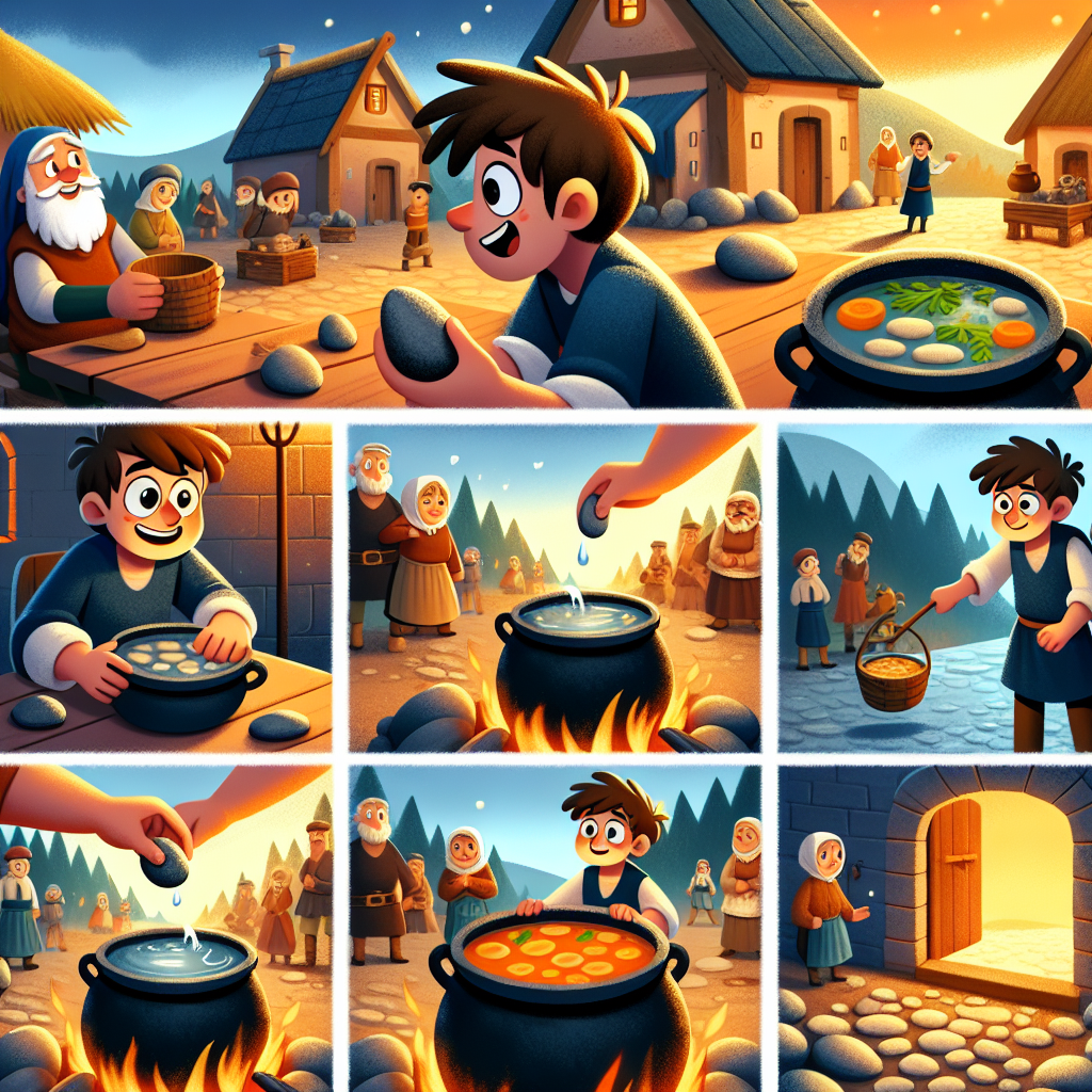 Colorful cartoon storyboard showing 8 key scenes from Stone Soup