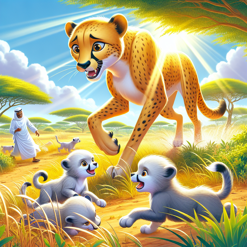 Colorful cartoon storyboard showing 8 key scenes from The Cheetah's Tears