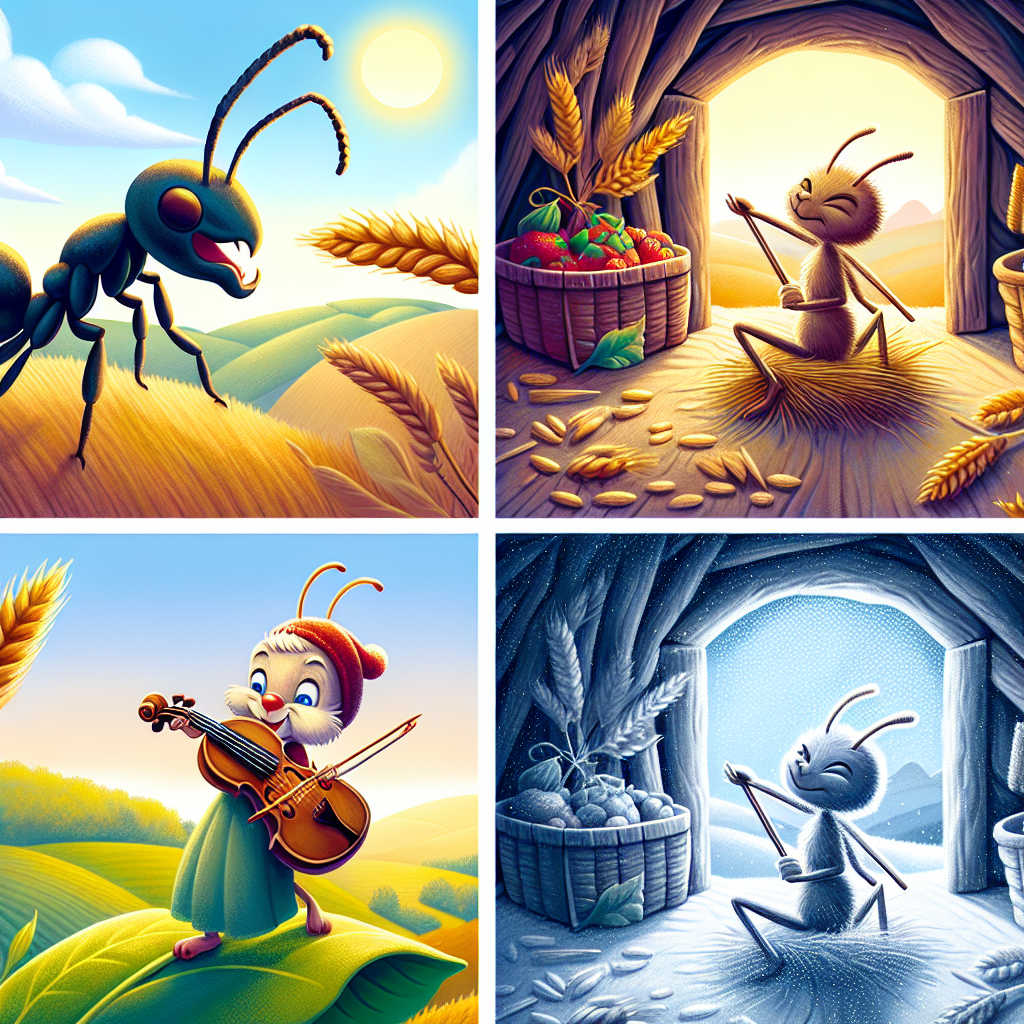 Colorful children's illustration for the story: The Ant and the Grasshopper