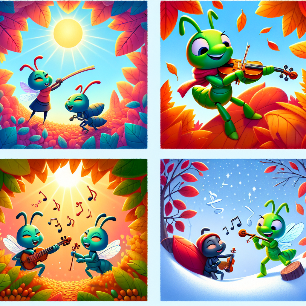 Colorful cartoon storyboard showing 8 key scenes from The Ant and the Grasshopper
