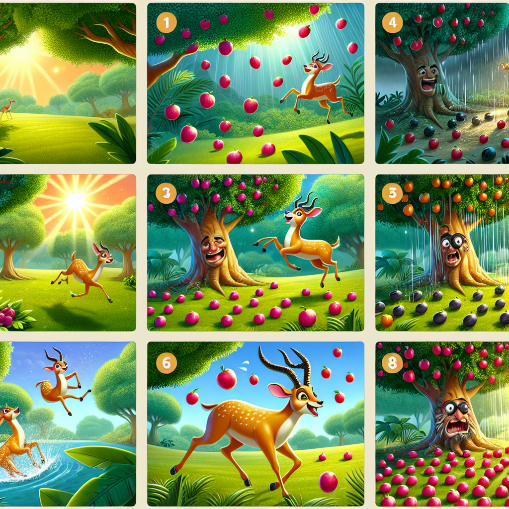 Colorful cartoon storyboard showing 8 key scenes from The Clever Antelope