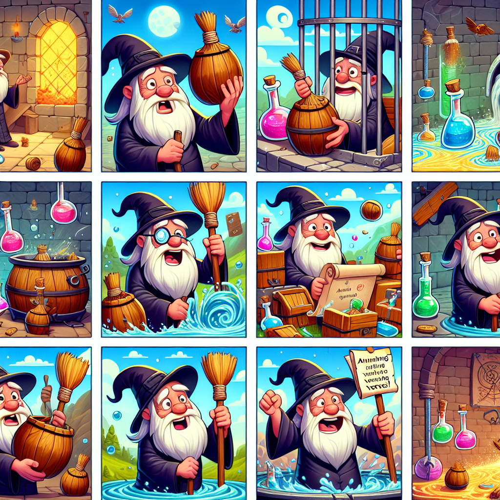 Colorful cartoon storyboard showing 8 key scenes from The Sorcerer's Apprentice