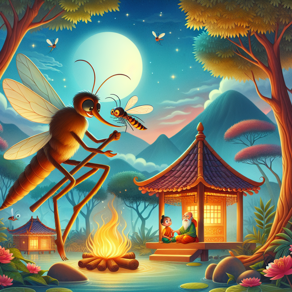 Colorful children's illustration for the story: The Mosquito and the Carpenter