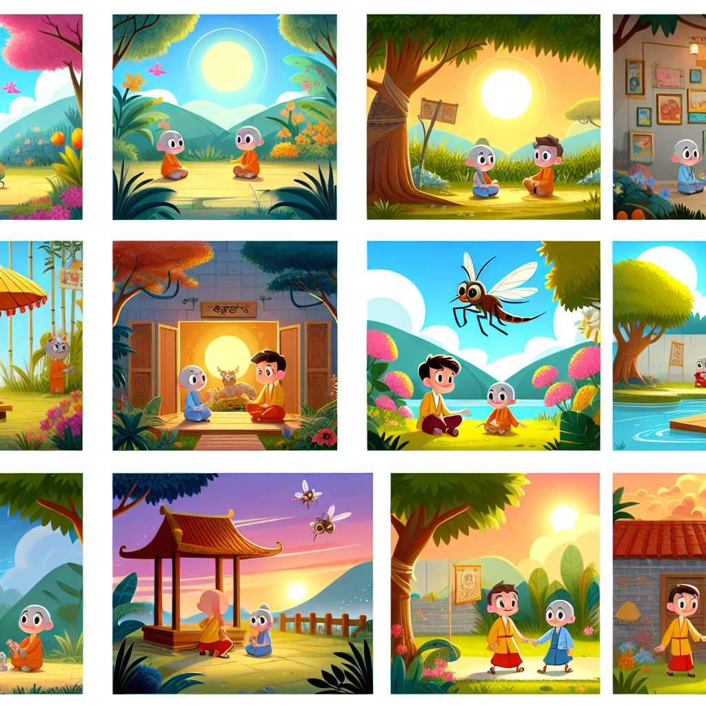 Colorful cartoon storyboard showing 8 key scenes from The Mosquito and the Carpenter