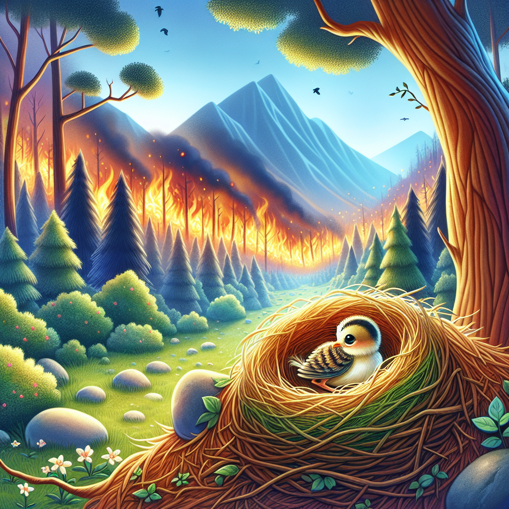 Colorful children's illustration for the story: The Quail and the Fire