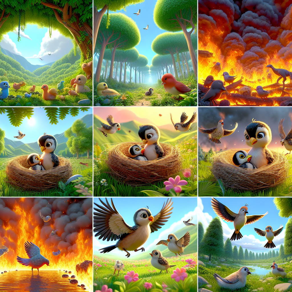 Colorful cartoon storyboard showing 8 key scenes from The Quail and the Fire