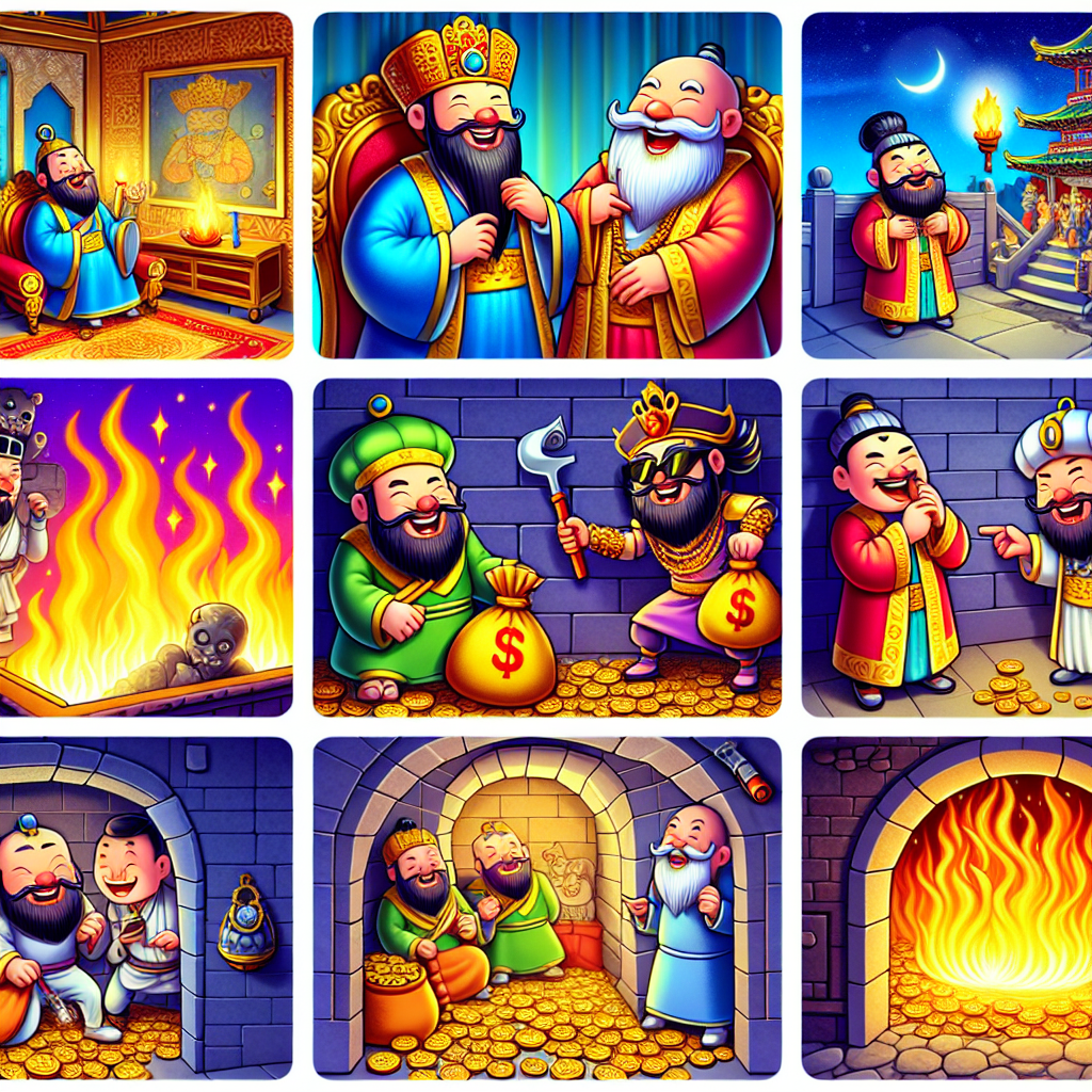 Colorful cartoon storyboard showing 8 key scenes from The Barber's Mistake
