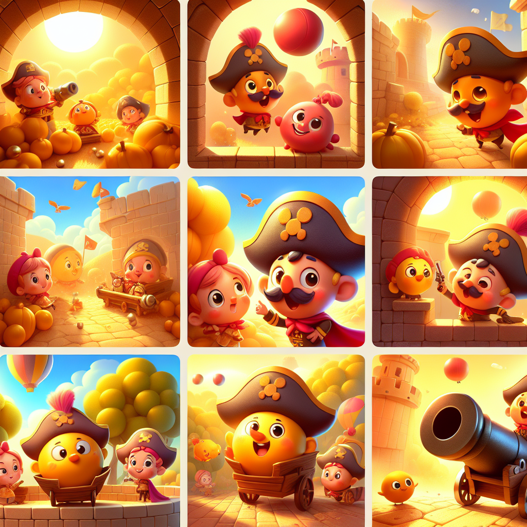 Colorful cartoon storyboard showing 8 key scenes from The Baron Who Rode a Cannonball