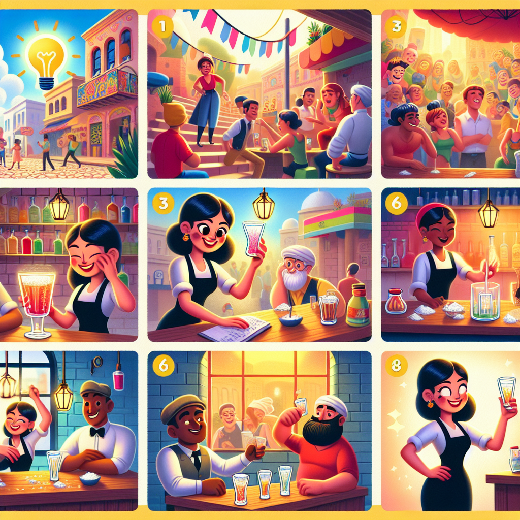 Colorful cartoon storyboard showing 8 key scenes from The Salted Liquor