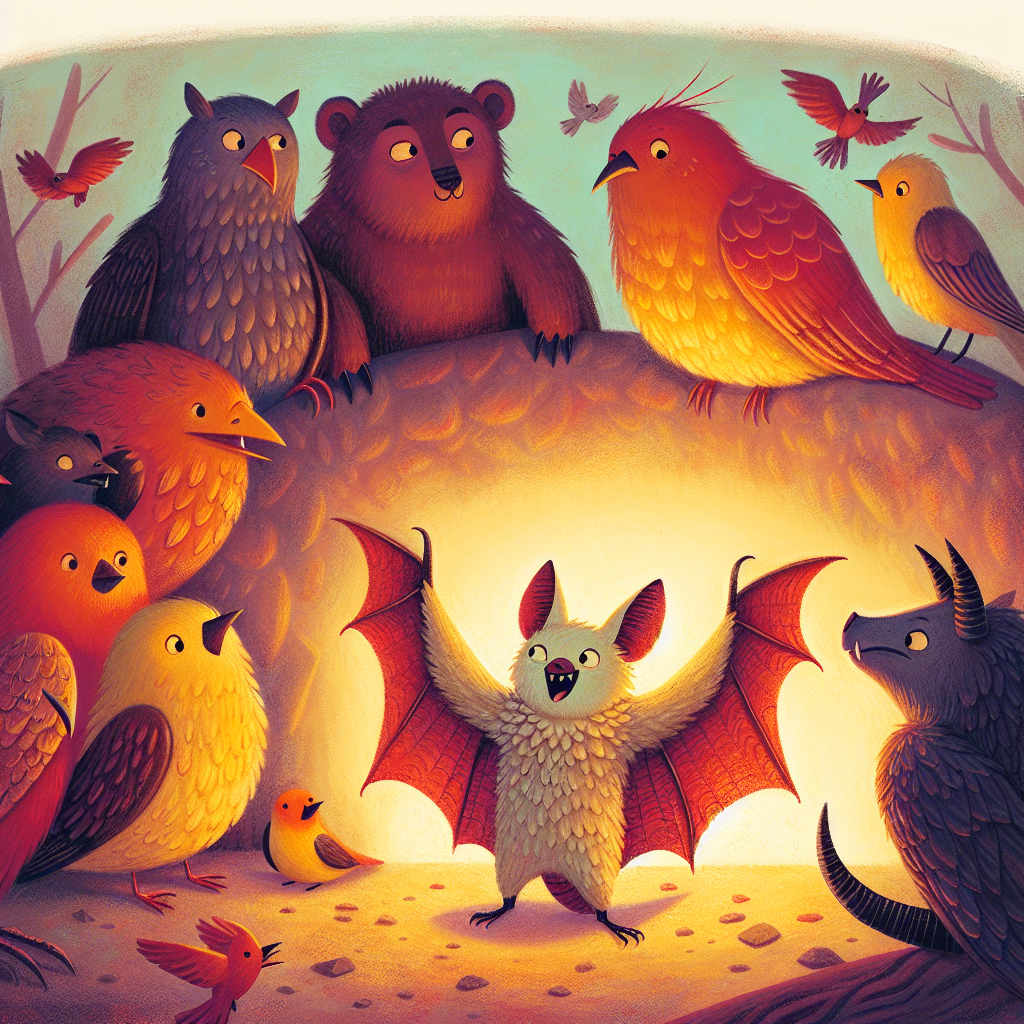 Colorful children's illustration for the story: The Bat and the Birds