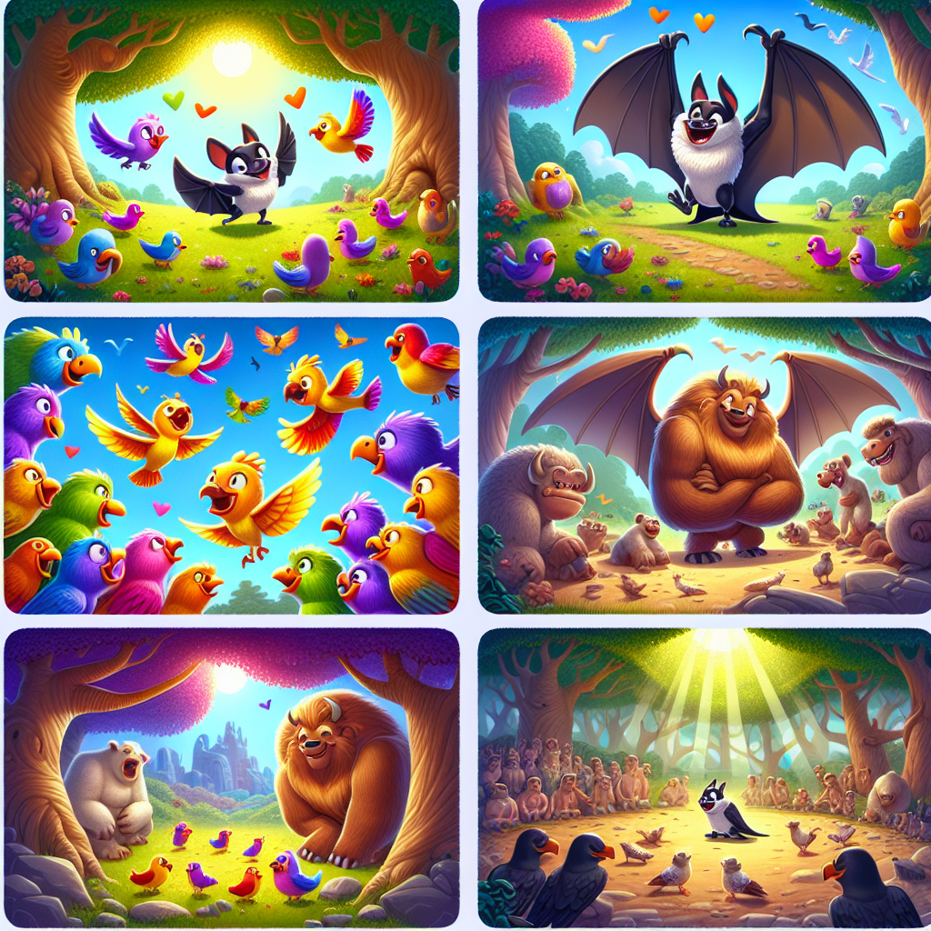 Colorful cartoon storyboard showing 8 key scenes from The Bat and the Birds
