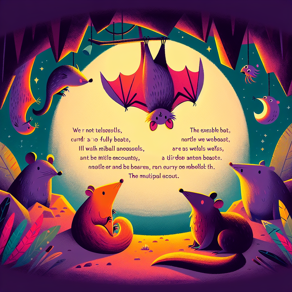 Colorful children's illustration for the story: The Bat and the Weasels