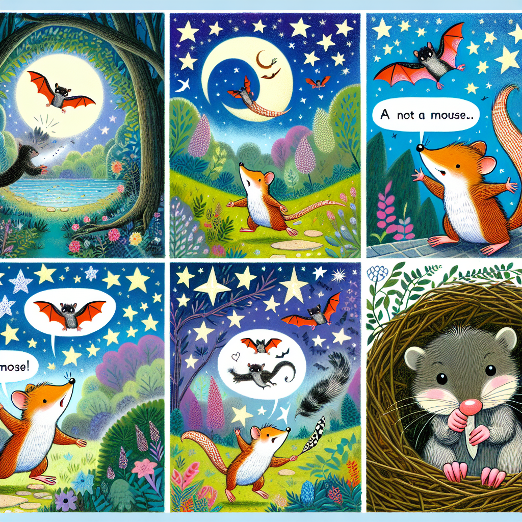 Colorful cartoon storyboard showing 8 key scenes from The Bat and the Weasels